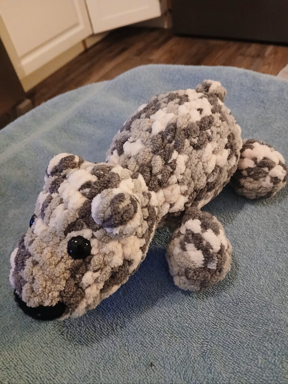 Hand Crafted Chenille Crochet Loaf Cat Gray & White Plushie. FF#428